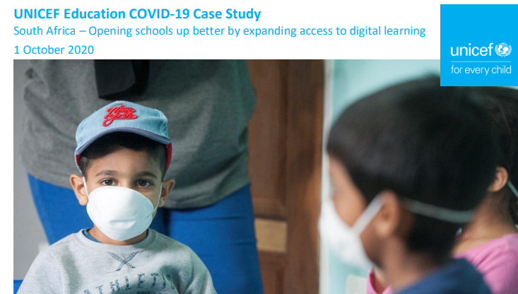 Efforts to expand digital learning have been pivotal not only to South Africa’s COVID-19 response, but also well beyond it. UNICEF is working with the Department of Basic Education (DBE) to scale up mass e-learning, online and app-based access with private sector input, including partnering with 2Enable to develop new digital learning content for preschool and primary students. Strategies also comprise radio and TV broadcasts to reach children who lack devices and the internet. Reopening was phased, starting with students in examination classes. Due to fluctuations in COVID-19 cases throughout the country, reopening took various steps forwards and backwards as required. Schools are using a hybrid model to ensure physical distancing, where 50 per cent of students come to school on a rotational basis, alternating days. On the days that students are not in school, UNICEF is continuing radio and TV broadcasting as well as digital platforms, discussed in this paper.