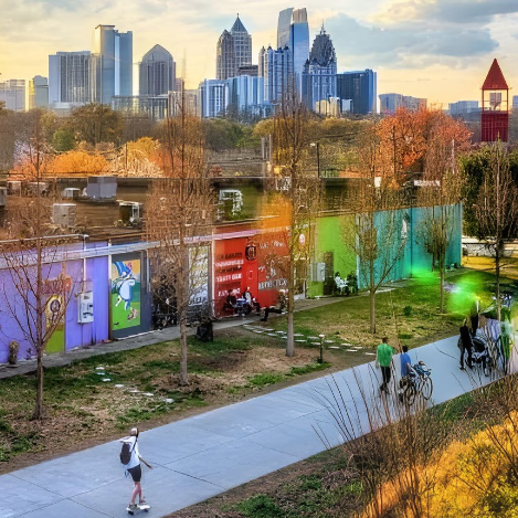 The Atlanta BeltLine, conceived in 2006, comprises 22 miles (35 kilometres) of multi-use trails on a former railway corridor that encircles the core of the city. It aims to connect the adjacent 45 neighbourhoods, improve public health, implement a light rail system, preserve and create affordable housing, and showcase arts and culture. The project has made substantial progress, with more than half of the mainline and spur trails complete. Since the passage of a transit sales tax in 2016, a survey study for the proposed light rail transit system is underway, but it is unclear when it will be fully funded and built. 