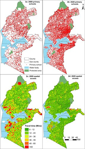 Understanding the location of schools relative to the population they serve is important to contextualise the time students must travel and to define school catchment areas (SCAs) for planning. 
A master school list is a geo-database of educational, demographic, and socio-economic data for schools to facilitate planning and decision-making usually created through a mapping exercise. 
Evaluating these databases within a geospatial information system (GIS), decision-makers and stakeholders can plan to rehabilitate or expand existing schools, construct new or merge existing schools guided by the population dynamics or plan for additional teachers and other resources.
Defining travel time to school is essential in highlighting areas and school-going children (SGC) who are marginalised and need prioritisation during policy making, resource allocation and distribution.
This case study based on research, assembled a spatio-temporal database of public primary schools (PPS), population density of school-going children (SGC), and factors affecting travel in 2009 and 2020 in Kenya.
To model travel time to the nearest PPS, this research used the ‘accessibility module’ of AccessMod software, a Digital Public Good (DPG).