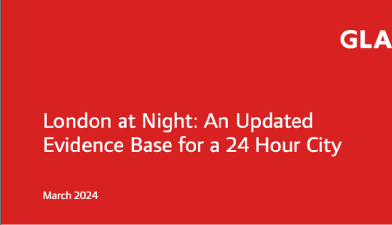 The Greater London Authority's (GLA) &nbsp;City Intelligence Unit conducts research and analysis to understand the experiences of Londoners at night as well as the prevalence, characteristics, and experience of night time workers.The latest, December 2023, publication provides a glimpse into the next London At Night Evidence Base update, which will be published in the coming months. It reveals the latest headline findings about London’s night-time workforce.Publications available on this page include:London at Night: An Updated Evidence Base for a 24 hour City (2024)A representative survey of Londoners in March 2022Analysis of ONS Labour Force Survey data from 2015 to 2022 published in January 2023.