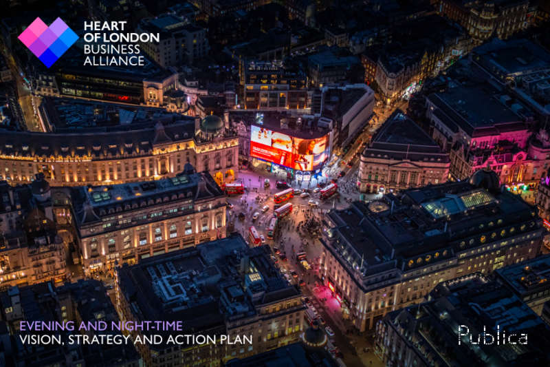 The Evening and Night-time Economy Strategy, Vision and Action Plan has been produced by Heart of London Business Alliance, in collaboration with leading urban design practice Publica.A first of its kind for the West End, the strategy provides an ambitious, integrated, and deliverable plan for this iconic part of the West End between the hours of 6pm and 6am. It sets out how the area can meet its full potential and become more inclusive, safe, accessible, attractive, and dynamic for those who work, visit, live, invest and run businesses here.The Heart of London area covers 39 hectares, just 6% of the wider West End footprint, and yet it delivers 7% of its evening and night-time GVA. It is worth £4.9 billion to the UK economy, of which 20% comes from the evening and night-time economy, and 50% of that is driven by the cultural sector.Accompanying the strategy is an economic analysis of the evening and night-time economy (ENTE) conducted by Arup. It shows that this economy is underperforming and struggling to recover from the pandemic. Growth line trends dictate that it should be worth £15.5 billion, instead of the current £14 billion. Without intervention, this gap will only widen.This strategy looks beyond the obvious, beyond a single industry or sector and beyond the day-to-day challenges of a city after dark. Instead, it elevates the conversation to look at the potential value of the evening and night-time economy to London’s West End.