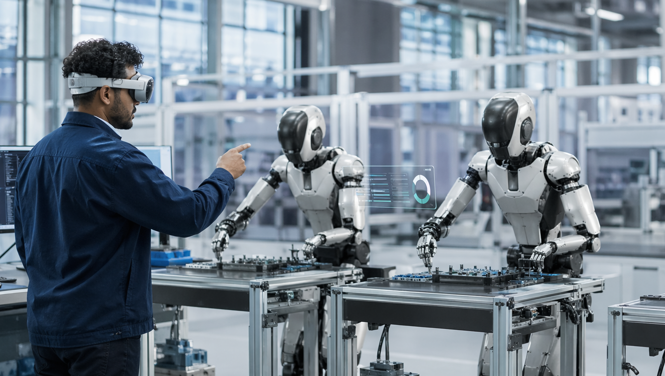 Context: Foxconn Industrial Internet is deploying humanoid robots and AI agents in production workflows as part of a broader human-machine collaboration strategy. Implementation is rooted in frontline technical expertise, with operator teams identifying tasks that robots and agents can perform, running those tasks across production cycles and defining the handoffs required to keep throughput stable.Approach: Foxconn structures every workflow around two explicit paths. The standard path covers repeatable cases suited to augmentation and automation. The exception path routes edge cases to human operators, then returns work to the standard path once resolved. When a robot or agent signals failure or uncertainty, an operator completes the task, recalibrates the technology, or reroutes the work so the line does not stall. Teleoperation, delivered through devices such as the Apple Vision Pro, enables workers to teach and correct robots efficiently.Foxconn uses the number of robots one operator can supervise at current reliability levels as a workforce planning metric, connecting technology investment directly to labour productivity. The organization has identified two foundational skill categories for workers operating in this model: prompt engineering and data feedback. Data feedback is the ability to identify the edge cases and unusual failure modes that actually improve model performance over time. Operators have shifted from executing work toward supervising machines, intervening on exceptions and contributing to performance improvement through training and calibration. Supervisors manage safety boundaries, confirm technological and human readiness at the start of each shift, reduce the frequency of recurring exception types and improve the quality of handoffs between the standard and exception paths.Results: Each operator supervises three humanoid robots, each completing assigned operations at an 80% success rate, with operators intervening through teleoperation for the remaining 20%. One person managing three robots at that reliability produces about two and a half times the output they would produce working alone, an output leverage ratio of approximately 1:2.5. Separately, Foxconn's AI agents, which handle planning, scheduling and decision-support tasks, operate autonomously 90% of the time, with human takeover required for the remaining 10%. The current learning curve for a robot to adapt to a new operational task is approximately two weeks; Foxconn’s target is to reduce that learning to three days. Approximately 150 operators have transitioned into robot trainer and supervisor roles as of April 2026.&nbsp;